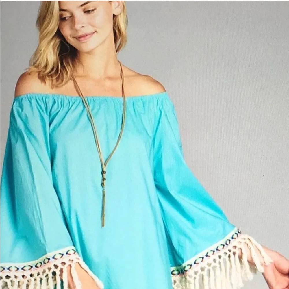 VELZERA Turquoise Off-Shoulder Dress/Cover up with Fringe size large - Picture 3 of 8